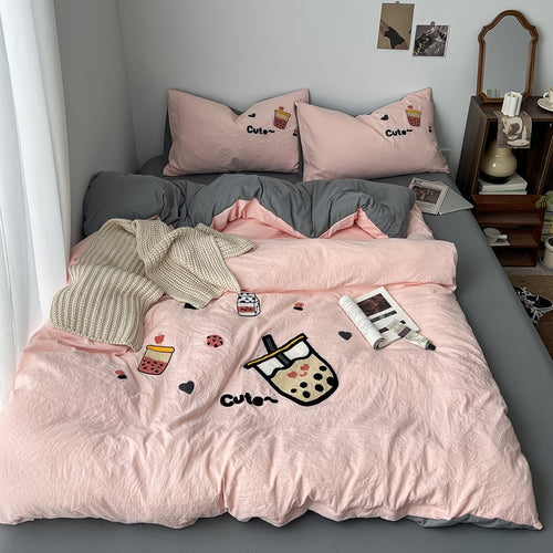 Roomtery Cute Embroidered Bubble Tea Bedding Set
