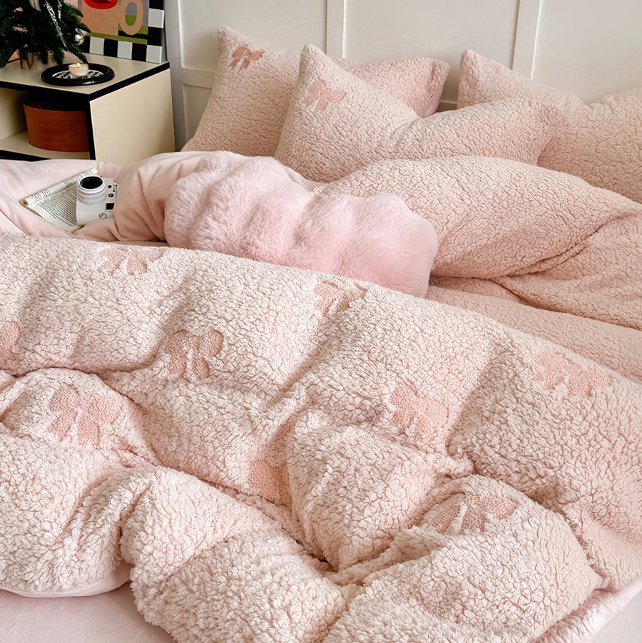 Roomtery Embroidered Bows Sherpa Bedding Set