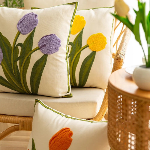 Roomtery Embroidered Colorful Tulips Cushion Cover