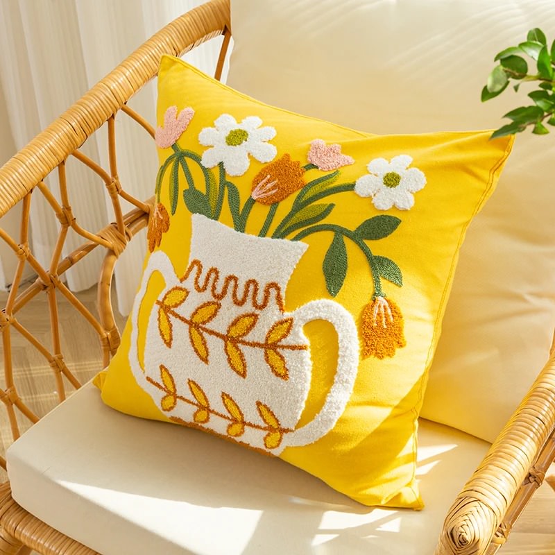 Roomtery Embroidered Flowers in a Vase Cushion Cover