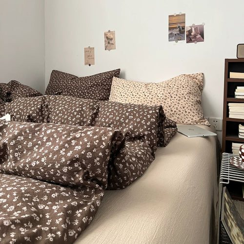 Roomtery French Aesthetic Vintage Brown Flowers Bedding Set