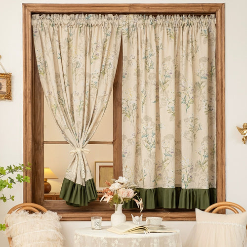 Roomtery Garden Print Curtain with Forest Green Ruffle Trim
