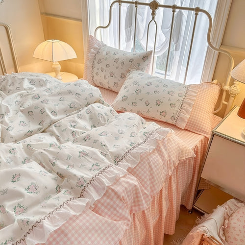 Roomtery Kawaii Grandma Pink Plaid Bedding Duvet Cover Set