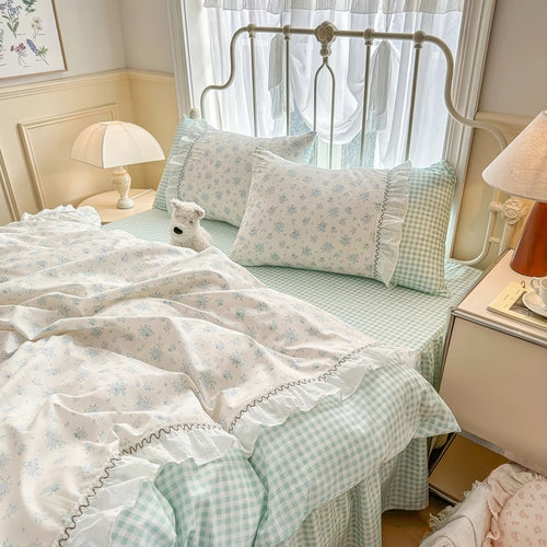 Roomtery Kawaii Grandma Blue Plaid Bedding Duvet Cover Set