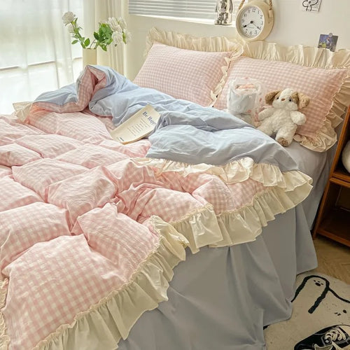 Roomtery Kawaii Pastel Plaid Ruffle Bedding Set