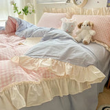 Roomtery Kawaii Pastel Plaid Ruffle Bedding Set, view 3