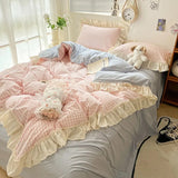 Roomtery Kawaii Pastel Plaid Ruffle Bedding Set, view 5