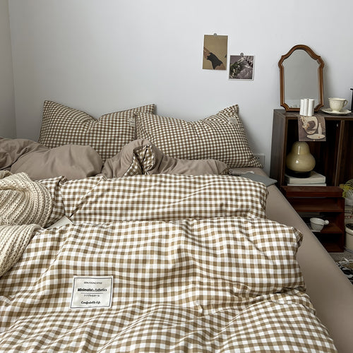 Roomtery Light Brown Gingham Bedding Set