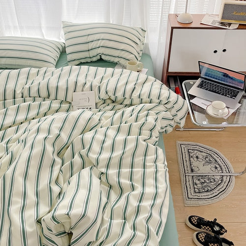 Roomtery Minimalist Green Striped Sage Bedding Set