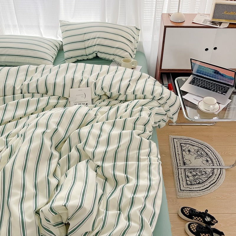 Roomtery Minimalist Green Striped Sage Bedding Set
