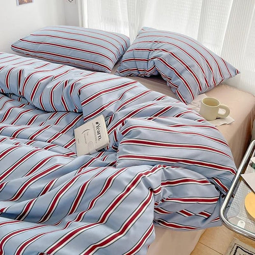 Roomtery Minimalist Red Striped Light Blue Bedding Set