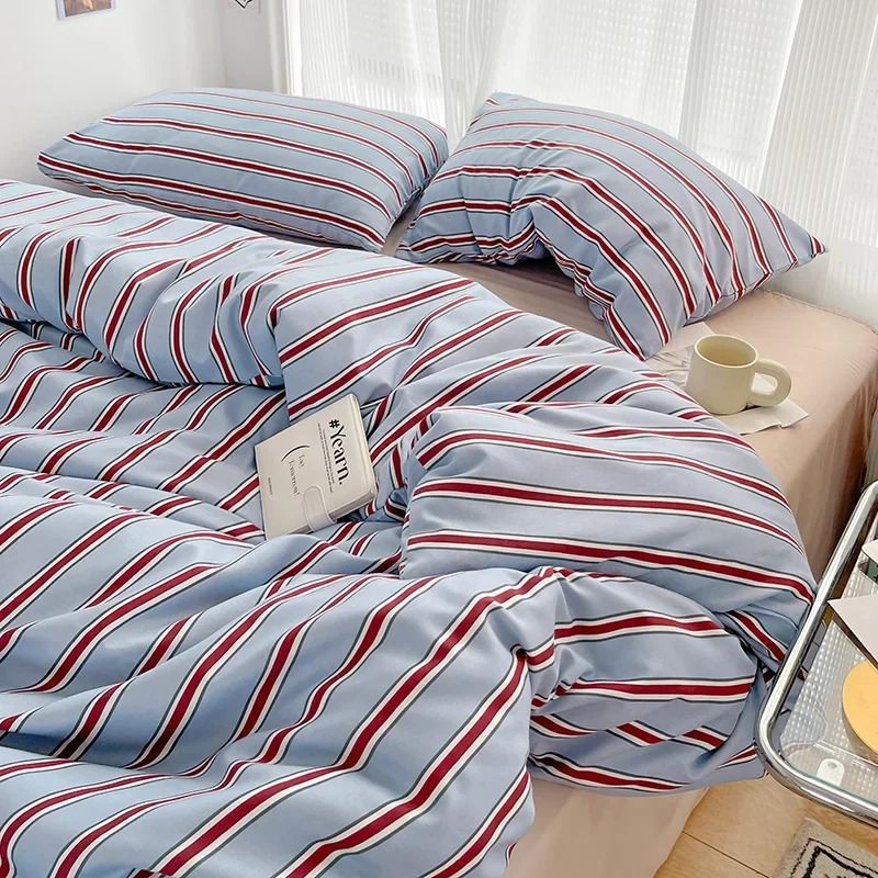 Roomtery Minimalist Red Striped Light Blue Bedding Set