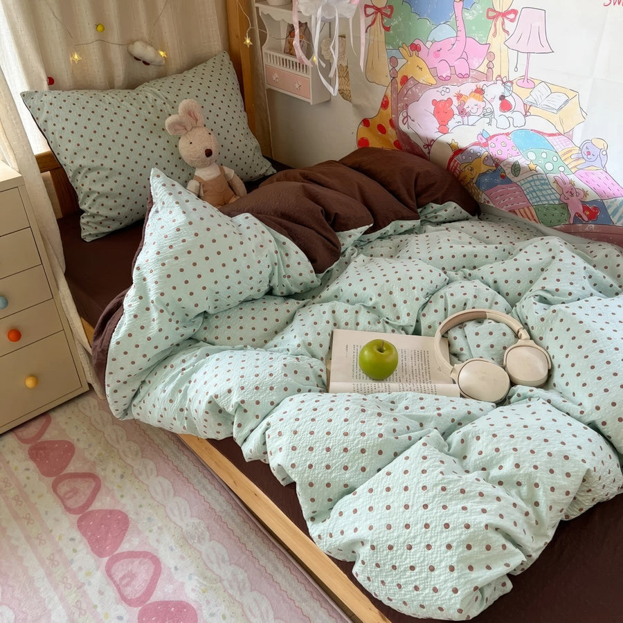 Roomtery Mint Green Brown Polka Dot Bedding Set