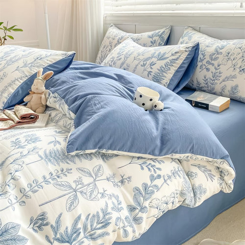 Roomtery Monochrome Blue Wildflowers Print Bedding Set