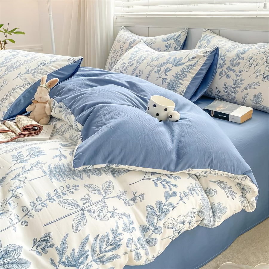 Roomtery Monochrome Blue Wildflowers Print Bedding Set