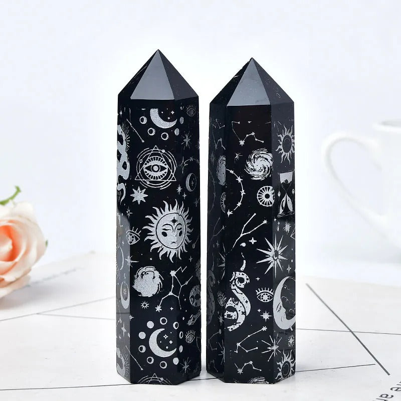 Roomtery Moon Print Plated Obsidian Crystal Tower