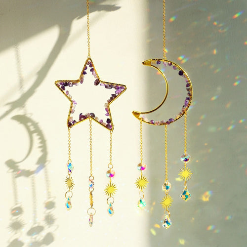 Roomtery Moon & Star Amethyst Suncatcher Set