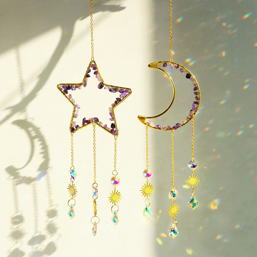 Roomtery Moon & Star Amethyst Suncatcher Set