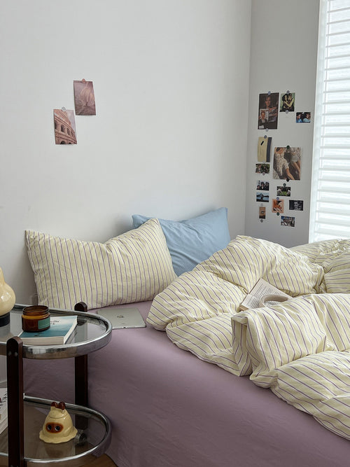 Roomtery Pale Lemon Pinstripe Bedding Set