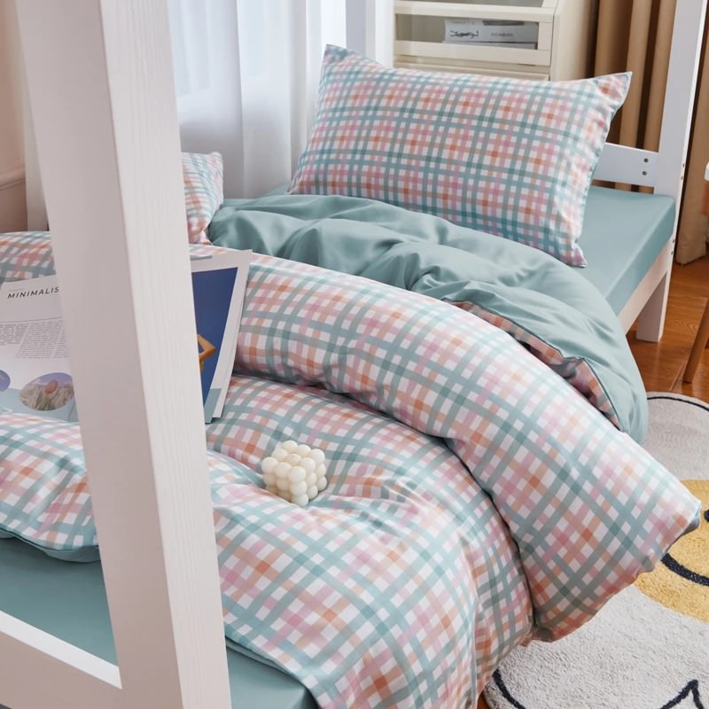 Roomtery Pastel Blue Plaid Dorm Bedding Set