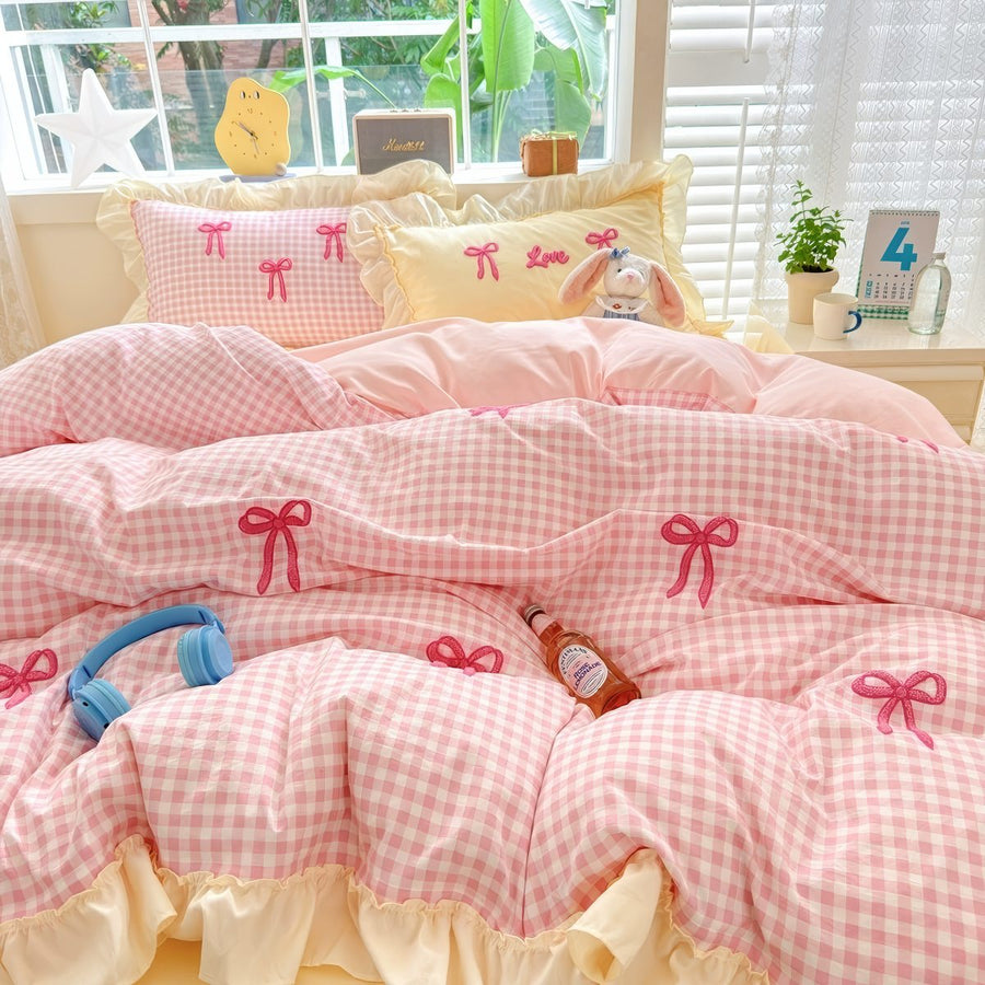 Roomtery Pastel Pink Gingham with Bows Bedding Set