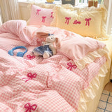Roomtery Pastel Pink Gingham with Bows Bedding Set, view 3