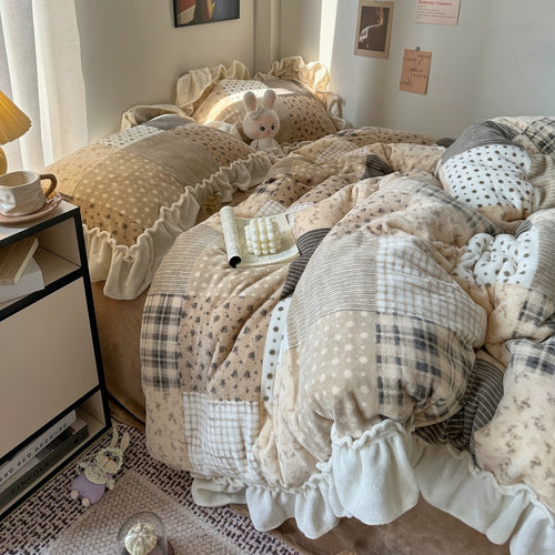 Roomtery Patchwork Ruffle Plush Fleece Winter Bedding Set