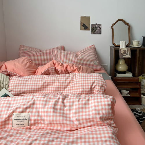 Roomtery Peachy Pink Gingham Bedding Set