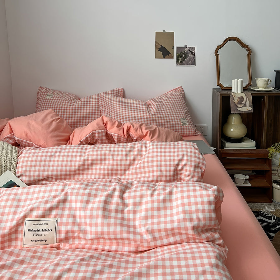 Roomtery Peachy Pink Gingham Bedding Set