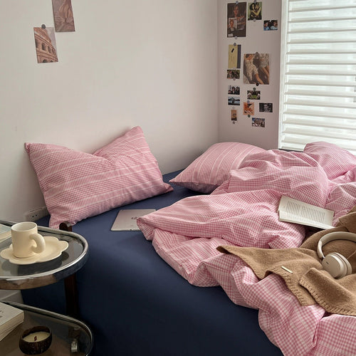 Roomtery Pink Gingham Stripes Bedding Set
