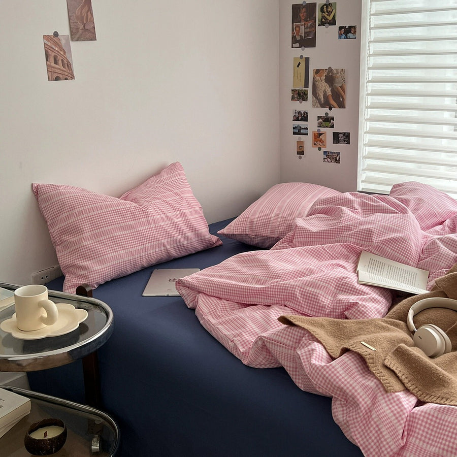 Roomtery Pink Gingham Stripes Bedding Set