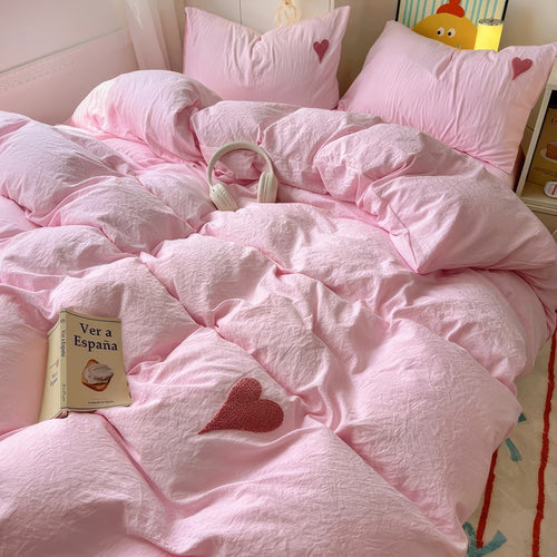 Roomtery Pink Washed Cotton Bedding Set With Red Embroidered Heart