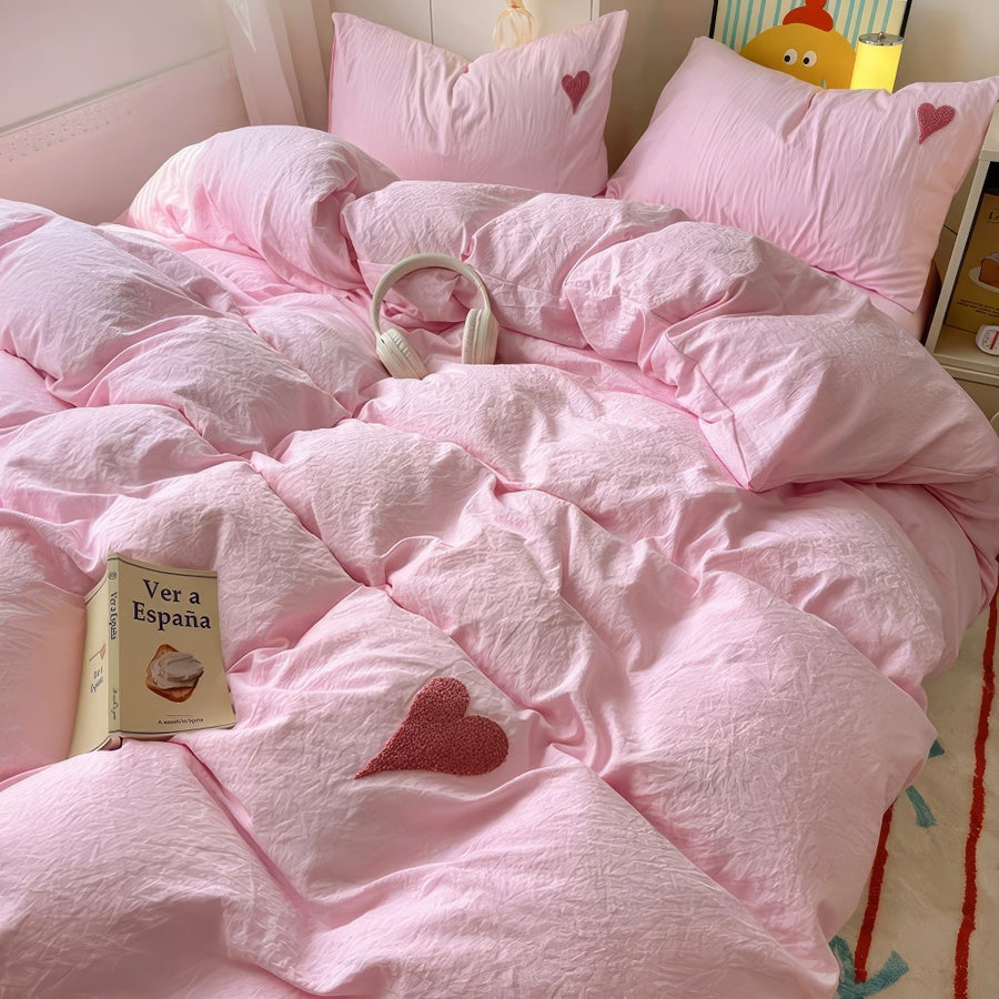 Roomtery Pink Washed Cotton Bedding Set With Red Embroidered Heart