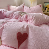 Roomtery Pink Washed Cotton Bedding Set With Red Embroidered Heart, view 5