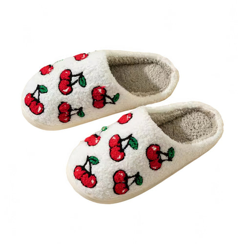 Roomtery Red Cherries Soft Plush House Slippers