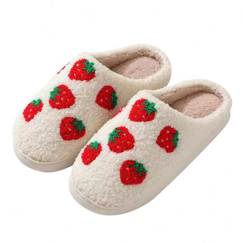 Roomtery Red Strawberries Soft Plush House Slippers