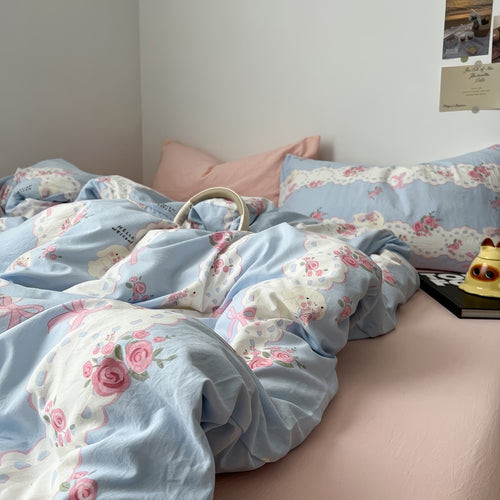 Roomtery Romantic Blue & Pink Floral Lace Bedding Set