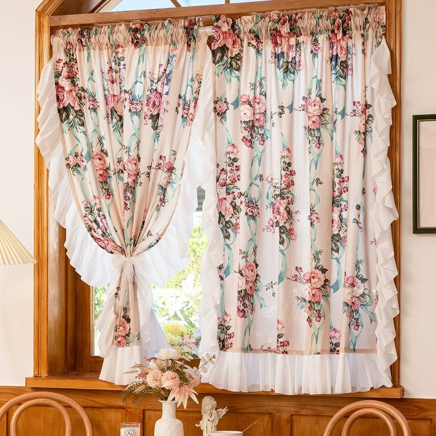 Roomtery Rose Bouquet Ruffle-Trimmed Floral Curtain