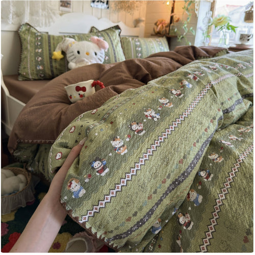 Roomtery Sage Forest Kitty Aesthetic Bedding Set