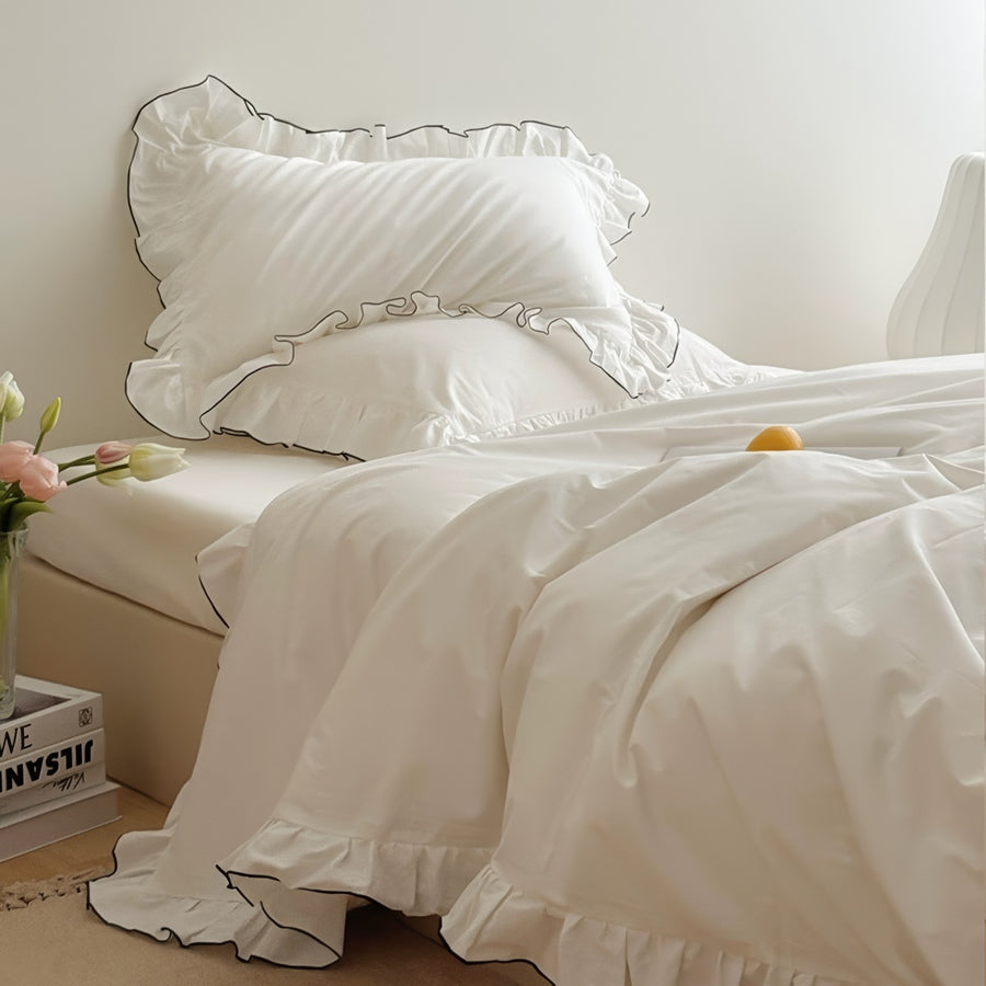 Roomtery Simple White Ruffle Edge Bedding Set