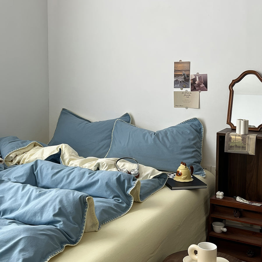 Roomtery Stitched Edge Sage Blue Minimalist Bedding Set