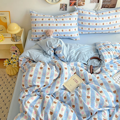 Roomtery Teddy Sky Blue Striped Kwaii Bedding Set