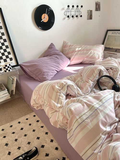 Roomtery Vintage Pastel Pink Stripes Bedding Set