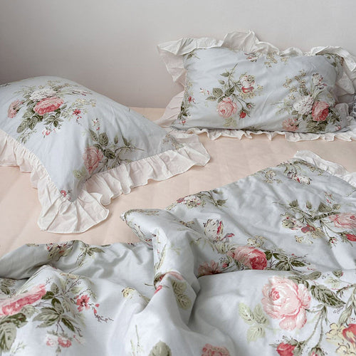 Roomtery Vintage Sky Blue Cottage Roses Ruffle Summer Comforter Set