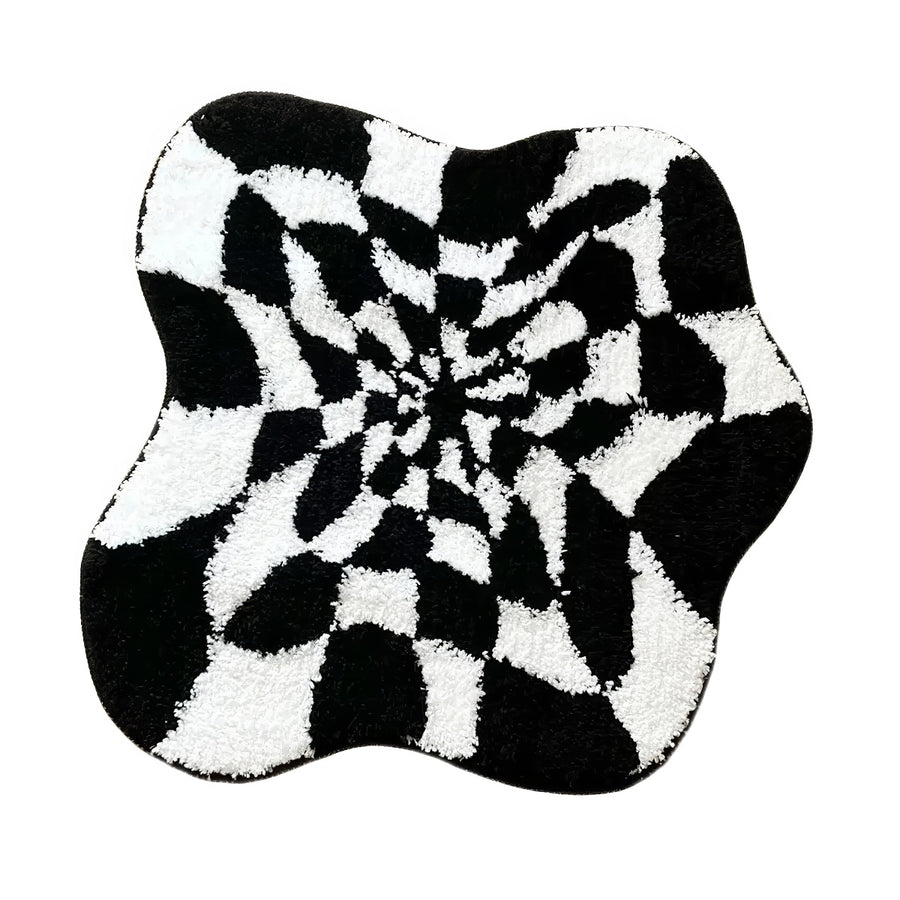 Roomtery Wavy Checkered Black & White Optical Illusion Rug