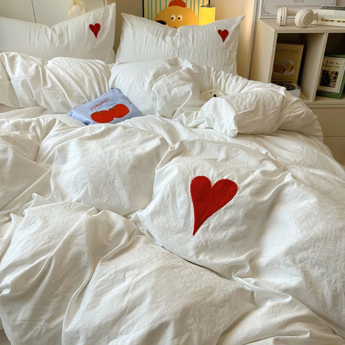 Roomtery White Washed Cotton Bedding Set With Red Embroidered Heart