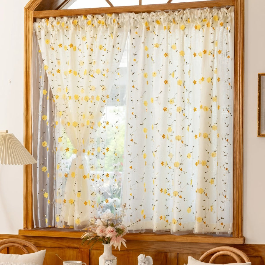 Roomtery Yellow Wildflower Embroidered Sheer Curtain