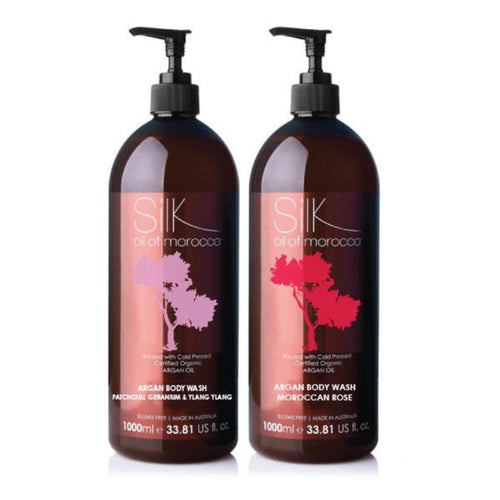 Silk Oil of Morocco - 1 Litre Duo - Moroccan Rose + Patchouli, Geranium & Ylang Ylang