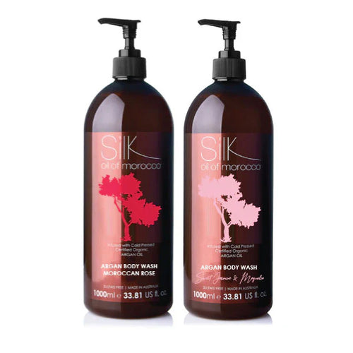 Silk Oil of Morocco - Sweet Jasmine & Magnolia / Moroccan Rose Body Wash Value Pack 1 Litre Duo