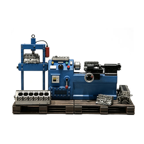 Stirlingkit 1/64 Scale Miniature Engine Repair Workshop Diorama Set โ Lathe, Press & Engine Blocks